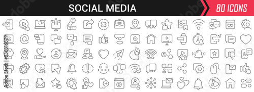 Social media linear icons in black. Big UI icons collection in a flat design. Thin outline signs pack. Big set of icons for design