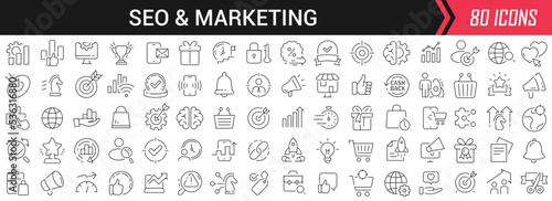Seo and marketing linear icons in black. Big UI icons collection in a flat design. Thin outline signs pack. Big set of icons for design