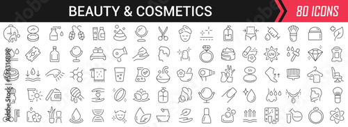 Beauty and cosmetics linear icons in black. Big UI icons collection in a flat design. Thin outline signs pack. Big set of icons for design