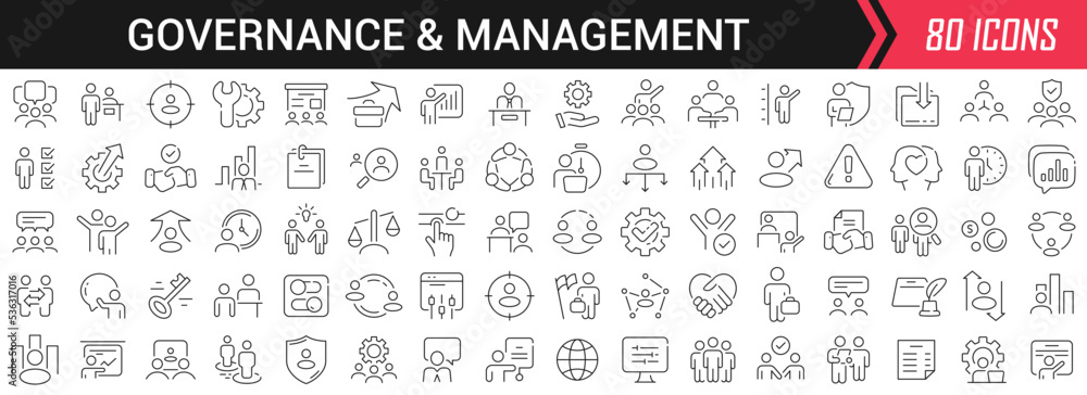 Governance and management linear icons in black. Big UI icons collection in a flat design. Thin outline signs pack. Big set of icons for design