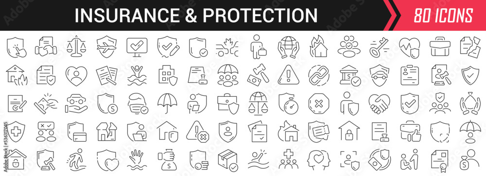 Insurance and protection linear icons in black. Big UI icons collection in a flat design. Thin outline signs pack. Big set of icons for design