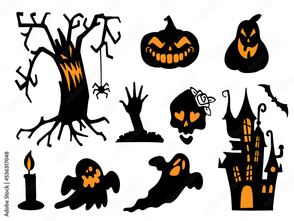 A set of illustrations for Halloween, black creepy silhouettes. Halloween Stickers A set of illustrations for Halloween, black creepy silhouettes. Halloween Stickers