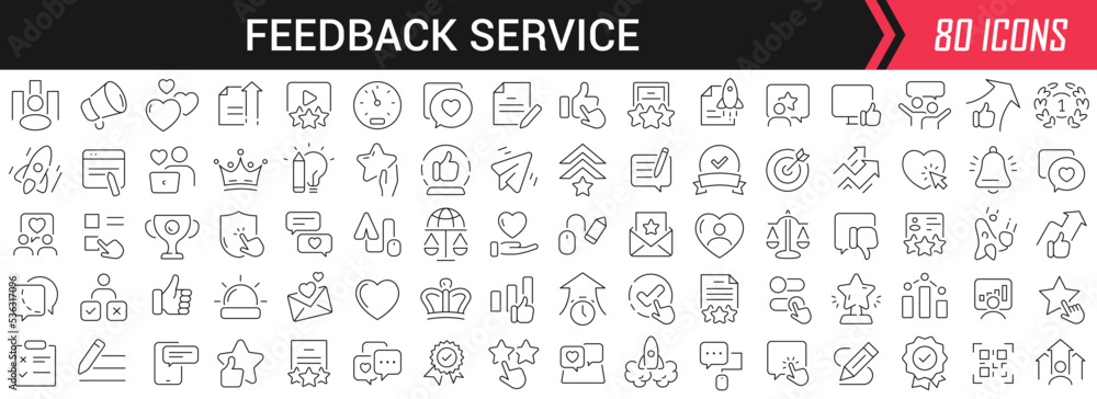 Feedback service linear icons in black. Big UI icons collection in a flat design. Thin outline signs pack. Big set of icons for design