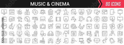 Music and cinema linear icons in black. Big UI icons collection in a flat design. Thin outline signs pack. Big set of icons for design © stas111