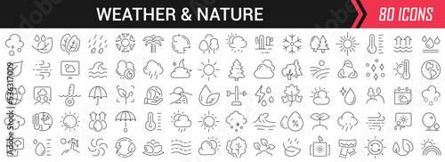 Weather and nature linear icons in black. Big UI icons collection in a flat design. Thin outline signs pack. Big set of icons for design