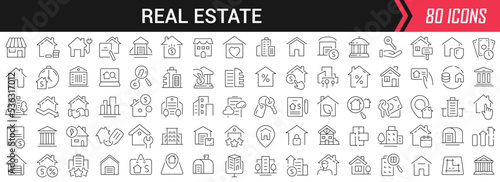 Real estate linear icons in black. Big UI icons collection in a flat design. Thin outline signs pack. Big set of icons for design