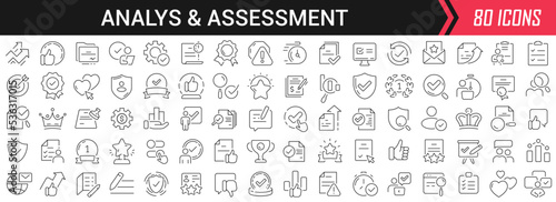 Analysis and assessment linear icons in black. Big UI icons collection in a flat design. Thin outline signs pack. Big set of icons for design