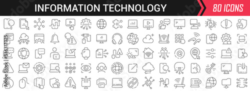 Information technology linear icons in black. Big UI icons collection in a flat design. Thin outline signs pack. Big set of icons for design