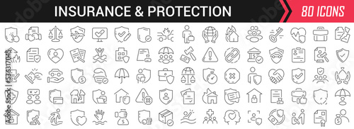 Insurance and protection linear icons in black. Big UI icons collection in a flat design. Thin outline signs pack. Big set of icons for design