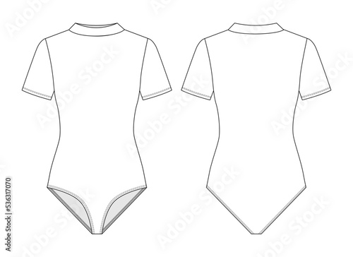 Fashion technical drawing of jersey turtleneck bodysuit with short sleeves