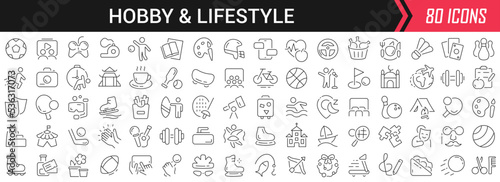 Hobby and lifestyle linear icons in black. Big UI icons collection in a flat design. Thin outline signs pack. Big set of icons for design
