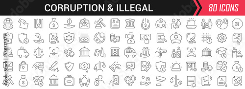 Corruption and illegal linear icons in black. Big UI icons collection in a flat design. Thin outline signs pack. Big set of icons for design