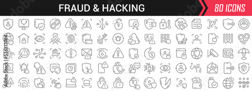 Fraud and hacking linear icons in black. Big UI icons collection in a flat design. Thin outline signs pack. Big set of icons for design © stas111