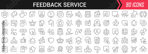 Feedback service linear icons in black. Big UI icons collection in a flat design. Thin outline signs pack. Big set of icons for design