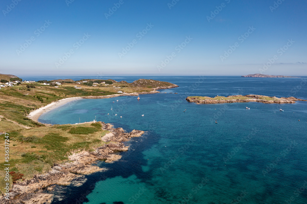Aerial view of Calf island and lifeboat bay on Arranmore Island in County Donegal, Republic of Ireland
