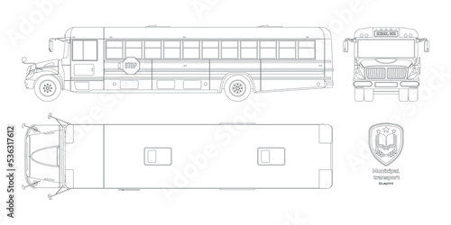 Isolated school bus drawing. Outline blueprint of municipal transport. Top, side, front vehicle view. Academy lorry. Industrial clipart