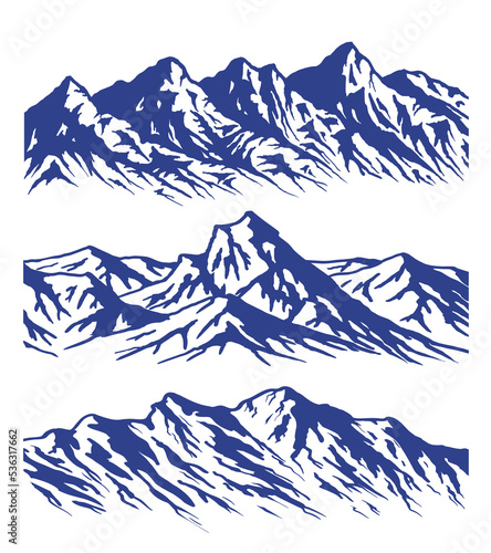 Set of isolated huge blue mountains silhouettes. Mountain ranges illustration. Print design