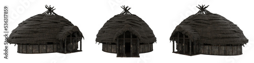 Fototapeta Round shaped medieval building with thatched roof