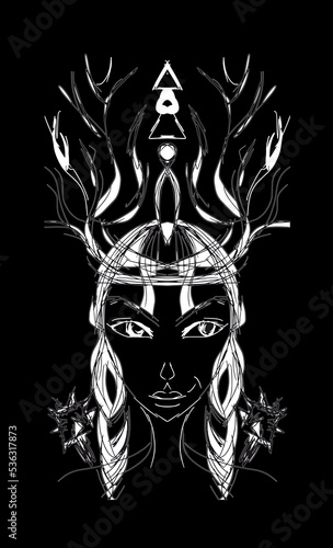 Woman warrior, Viking, mythology, white on black background