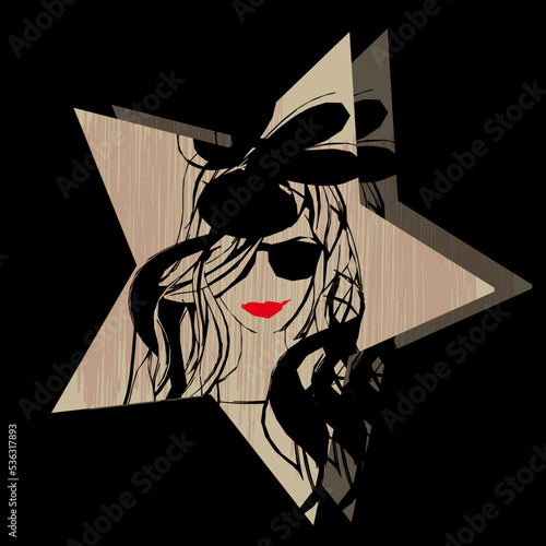 Girl in extravagant fancy hat and sunglasses, hat decorated, strands of hair, sketch, sticker, pop art