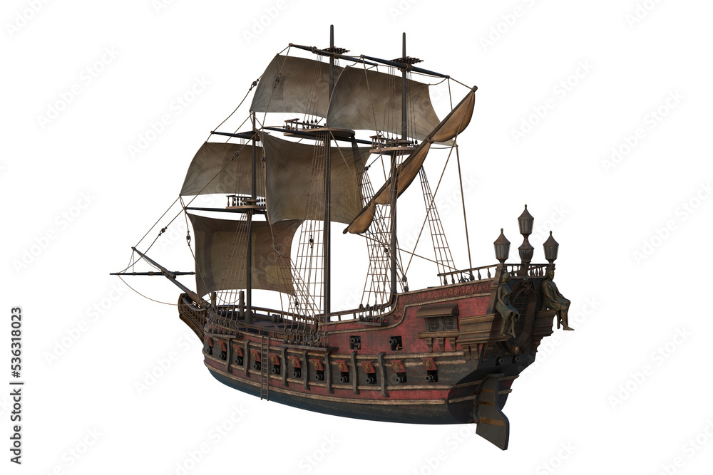 Naklejka premium Old wooden pirate ship seen from rear perspective. 3D rendering isolated.