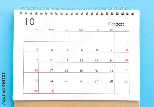 close-up of calendar October of november 2023 top view on a blue background