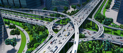 Highway intersection/ road interchange in the city with heavy traffic - 3D illustration photo
