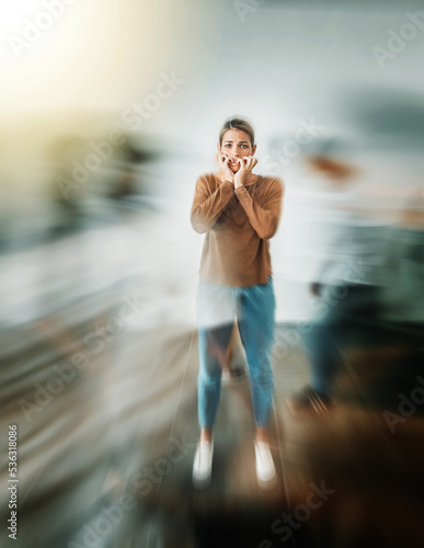 Fotografía Woman, anxiety and mental health in motion blur for stress, insane or schizophrenia
