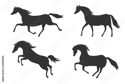 Set of black silhouettes of horses. Running horse. Different types of horse gaits. Vector illustration