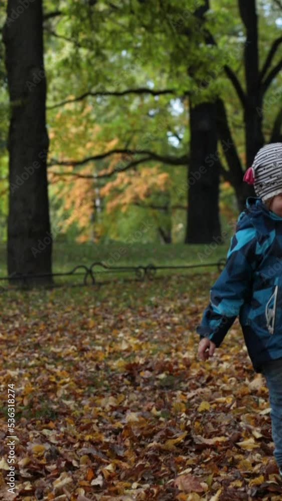 A child in warm clothes plays with fallen autumn leaves in the park or in the forest. Autumn content. A child in warm clothes plays with fallen autumn leaves in the park or in the forest. Autumn content.