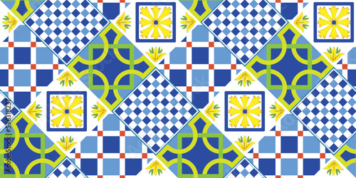 Abstract Geometric Tile Pattern Italian Sicily Style Moroccan Interior Design Perfect for Allover Fabric Print or Interior Kitchen Design Chic Sweet Color Combinations Squares Florals Ornament