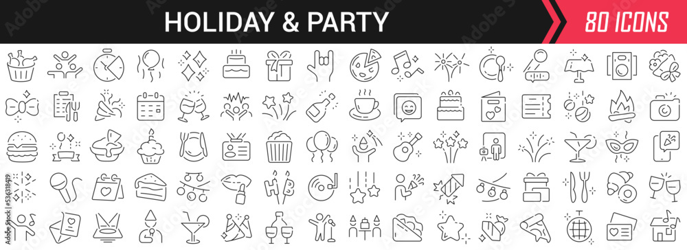 Holiday and party linear icons in black. Big UI icons collection in a flat design. Thin outline signs pack. Big set of icons for design