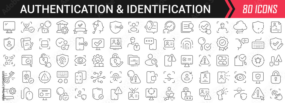Authentication and identification linear icons in black. Big UI icons collection in a flat design. Thin outline signs pack. Big set of icons for design