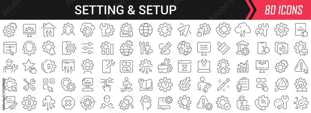 Setting and setup linear icons in black. Big UI icons collection in a flat design. Thin outline signs pack. Big set of icons for design Setting and setup linear icons in black. Big UI icons collection in a flat design. Thin outline signs pack. Big set of icons for design