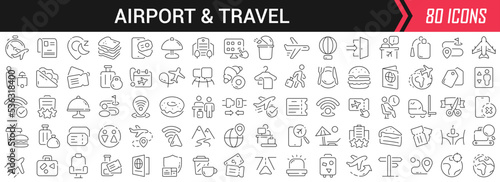 Airport and travel linear icons in black. Big UI icons collection in a flat design. Thin outline signs pack. Big set of icons for design © stas111
