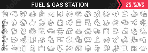 Fuel and gas station linear icons in black. Big UI icons collection in a flat design. Thin outline signs pack. Big set of icons for design