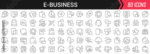 E-business linear icons in black. Big UI icons collection in a flat design. Thin outline signs pack. Big set of icons for design