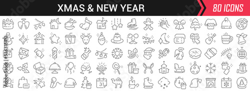 Xmas and New Year linear icons in black. Big UI icons collection in a flat design. Thin outline signs pack. Big set of icons for design