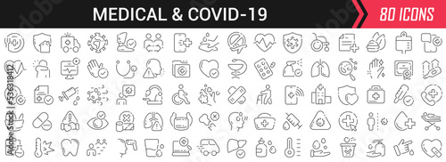 Medical and covid-19 linear icons in black. Big UI icons collection in a flat design. Thin outline signs pack. Big set of icons for design