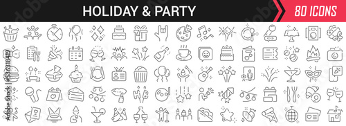 Holiday and party linear icons in black. Big UI icons collection in a flat design. Thin outline signs pack. Big set of icons for design