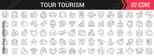Tour tourism linear icons in black. Big UI icons collection in a flat design. Thin outline signs pack. Big set of icons for design