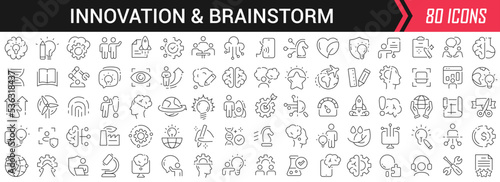 Innovation and brainstorm linear icons in black. Big UI icons collection in a flat design. Thin outline signs pack. Big set of icons for design