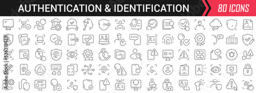 Authentication and identification linear icons in black. Big UI icons collection in a flat design. Thin outline signs pack. Big set of icons for design