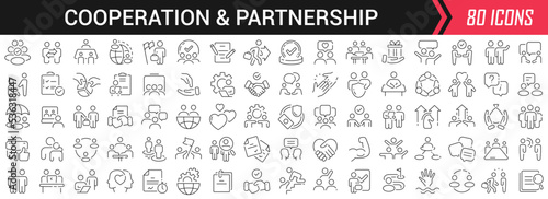 Cooperation and partnership linear icons in black. Big UI icons collection in a flat design. Thin outline signs pack. Big set of icons for design