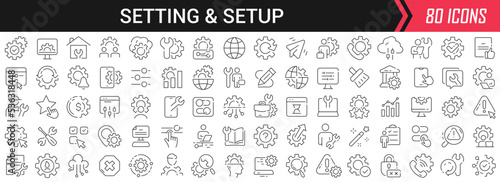 Setting and setup linear icons in black. Big UI icons collection in a flat design. Thin outline signs pack. Big set of icons for design