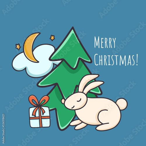 Fototapeta Naklejka Na Ścianę i Meble -  Merry christmas cute card with christmas bunny. Composition with hare,  fir tree and gift. Night New Years Eve cartoon. Baby banner vector illustration