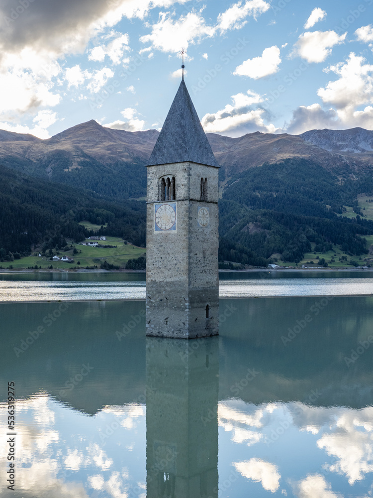  Landscape of lake Reschensee in South Tyrol, Italy