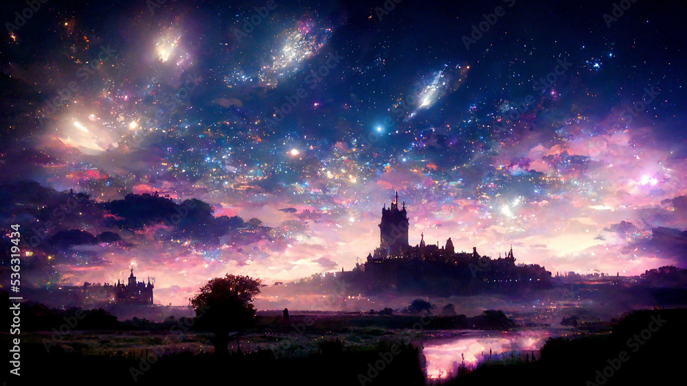 landscape, night sky, fantasy, stars, metaverse, digital illustration, digital painting