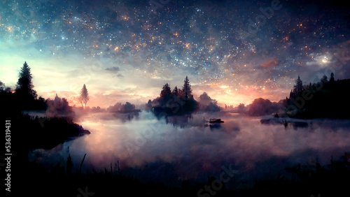 landscape, night sky, fantasy, stars, metaverse, digital illustration, digital painting