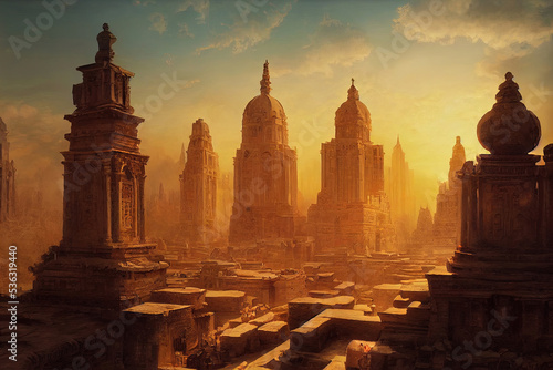 Sun rises on an ancient  powerful city.